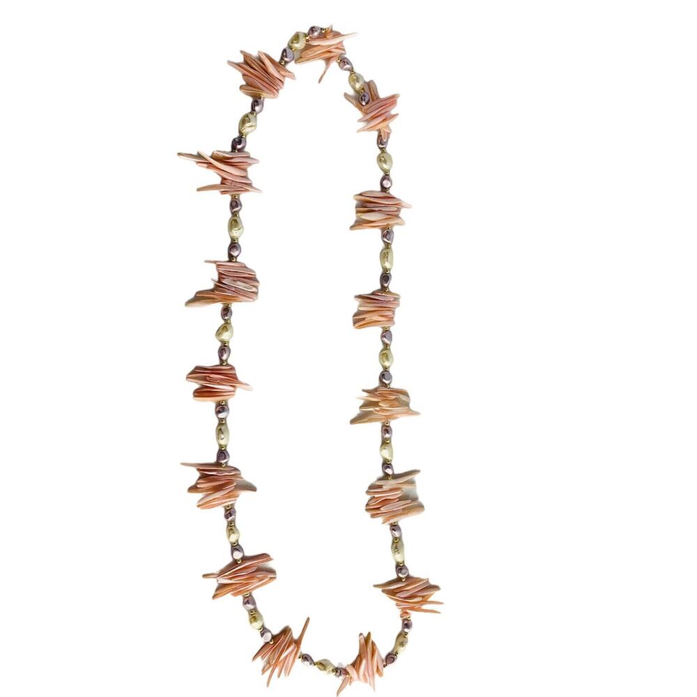 Vintage 1980s 34" String Strand Necklace Pink Shells and Freshwater Pearl